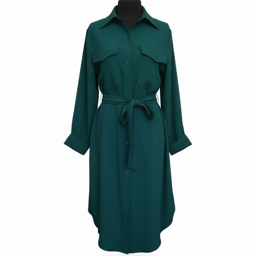 MP Massimo Piombo Midi Shirtdress Forest Green Button Front Belt XL NWT $110 - Picture 2 of 11